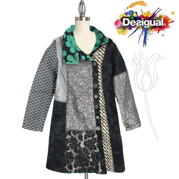 DESIGUAL Embroidered Long Sleeve Patterned Cotton/Wool Blend Coat - Picture 1 of 15